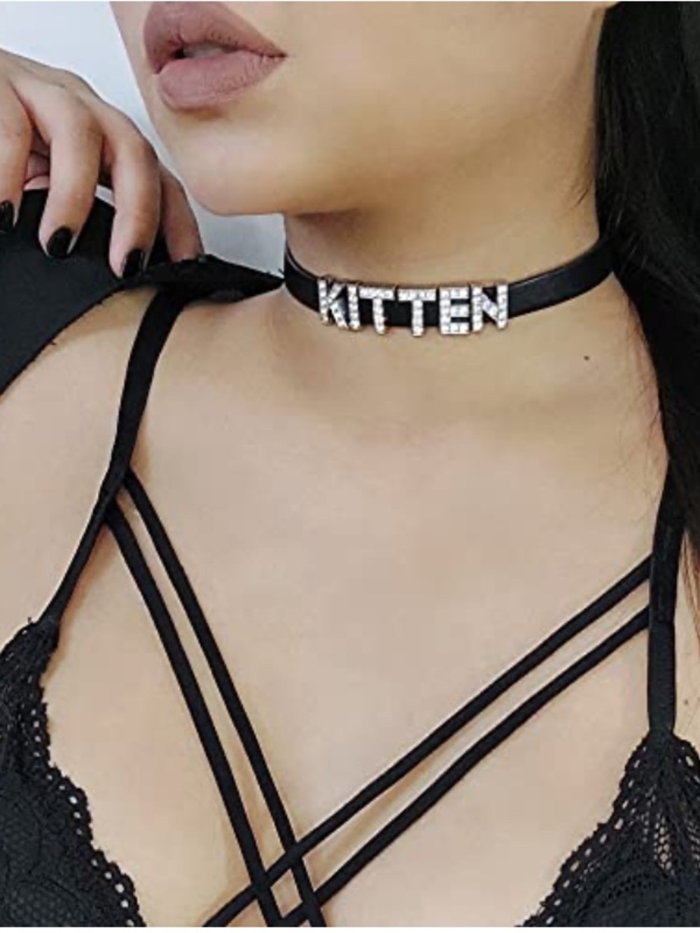 🖤 Black “KITTEN” Rhinestone Choker Necklace Y2K Statement - Picture 3 of 6